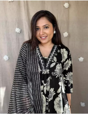 Black and white floral print A-line Kurti