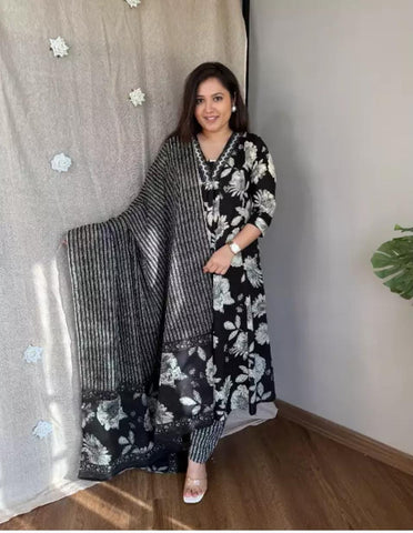 Black and white floral print A-line Kurti