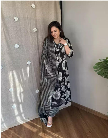 Black and white floral print A-line Kurti