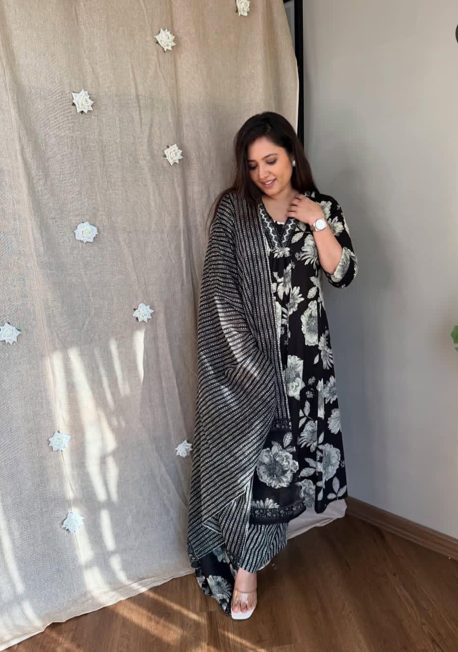 Black and white floral print A-line Kurti