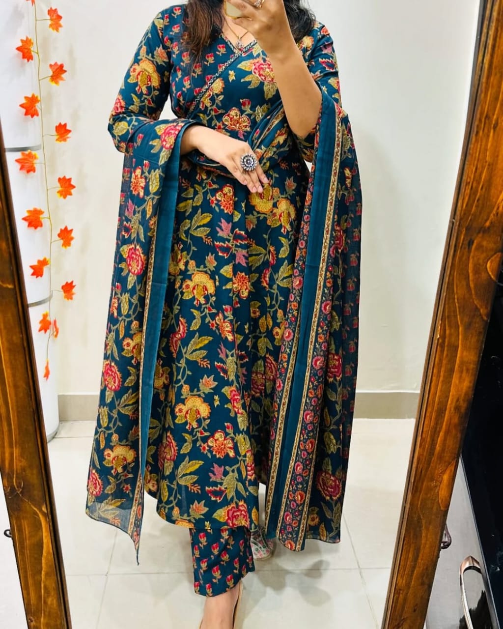 Teal Blue Floral Anarkali Cotton Suit Set with Elegant Printed Dupatta