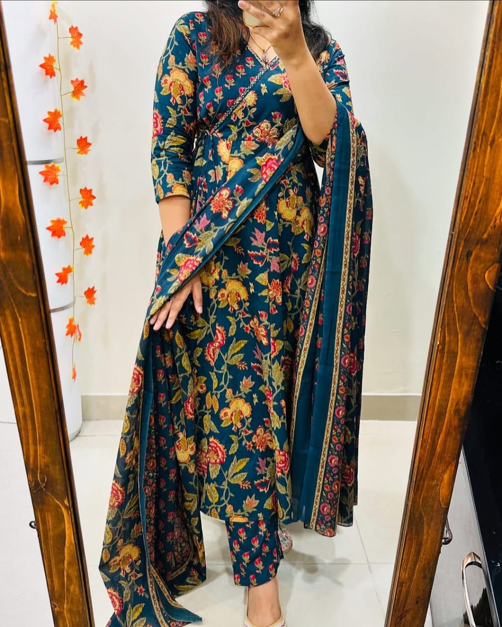 Teal Blue Floral Anarkali Cotton Suit Set with Elegant Printed Dupatta