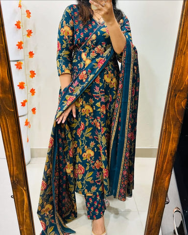 Teal Blue Floral Anarkali Cotton Suit Set with Elegant Printed Dupatta