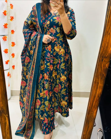Teal Blue Floral Anarkali Cotton Suit Set with Elegant Printed Dupatta