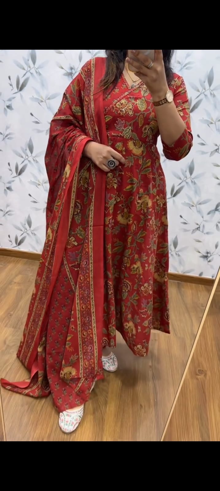 Rich Maroon Floral Anarkali Cotton Suit Set with Printed Dupatta