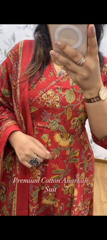 Rich Maroon Floral Anarkali Cotton Suit Set with Printed Dupatta
