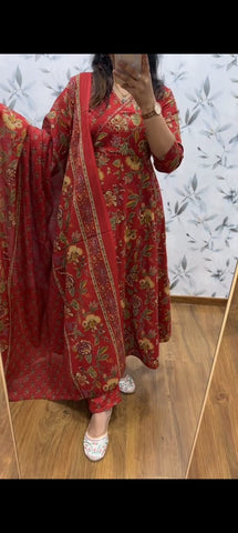 Rich Maroon Floral Anarkali Cotton Suit Set with Printed Dupatta
