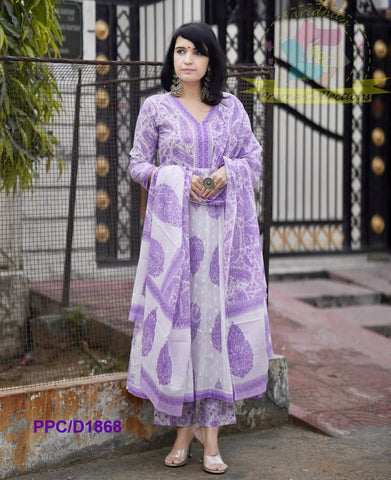Lavender White Anarkali Cotton Suit Set with Handblock-Style Paisley Print