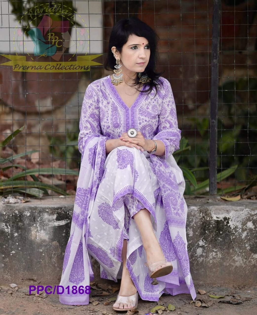 Lavender White Anarkali Cotton Suit Set with Handblock-Style Paisley Print