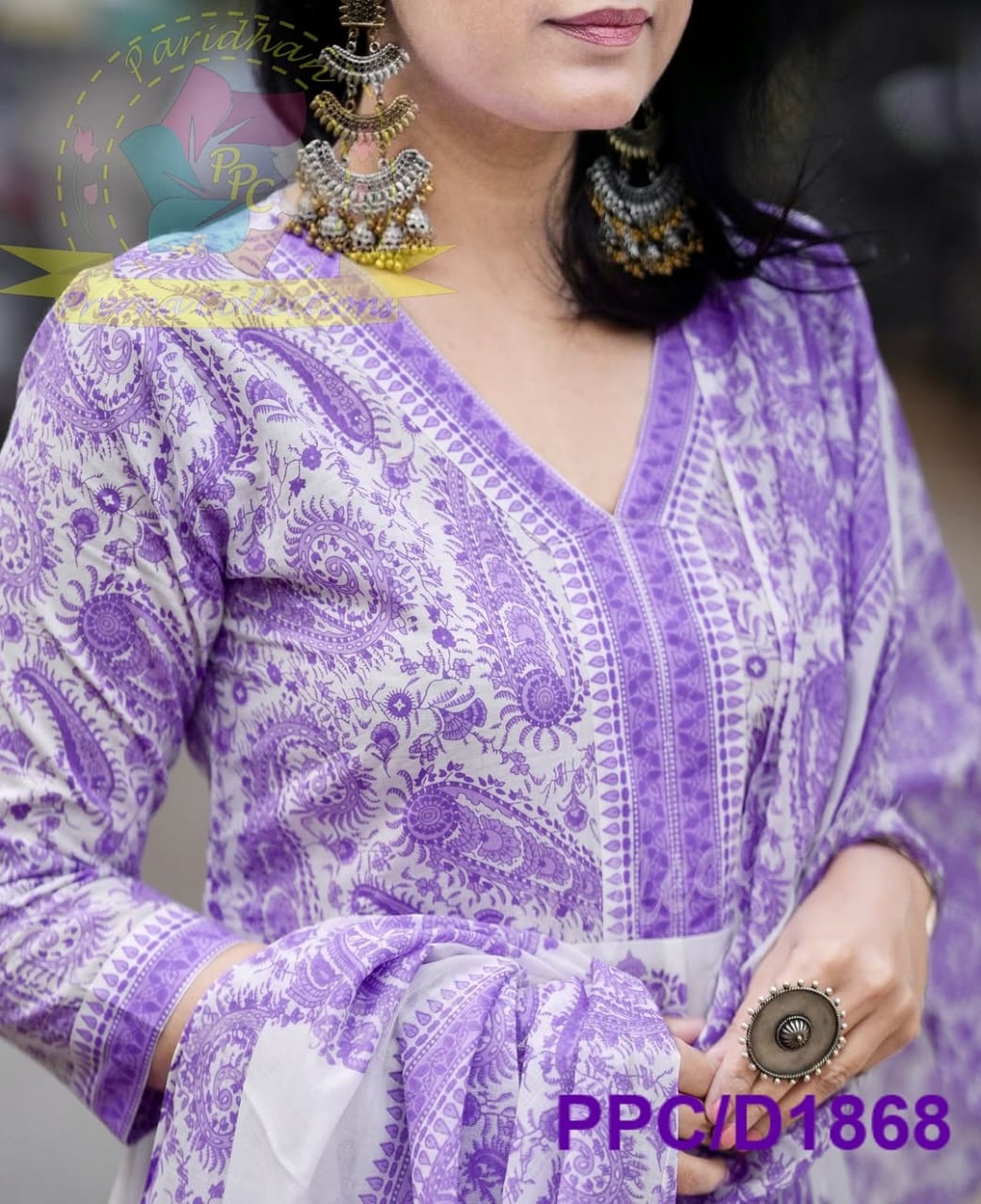 Lavender White Anarkali Cotton Suit Set with Handblock-Style Paisley Print