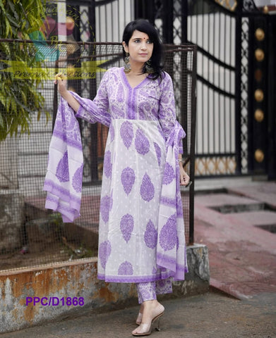Lavender White Anarkali Cotton Suit Set with Handblock-Style Paisley Print