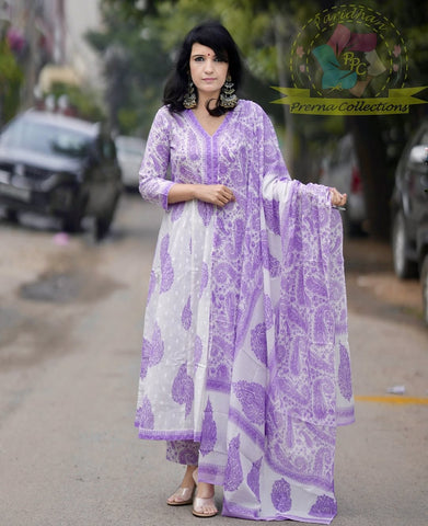 Lavender White Anarkali Cotton Suit Set with Handblock-Style Paisley Print