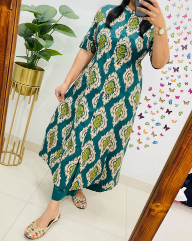 Emerald Green Ikat-Print Kurta Set