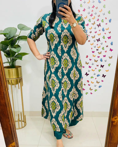 Emerald Green Ikat-Print Kurta Set