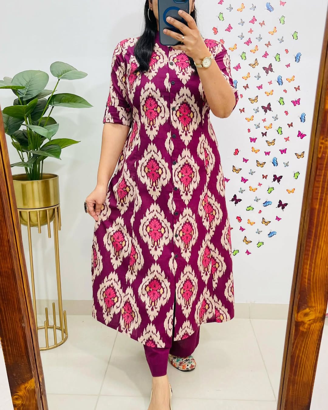 Magenta Ikat-Print Kurta Set