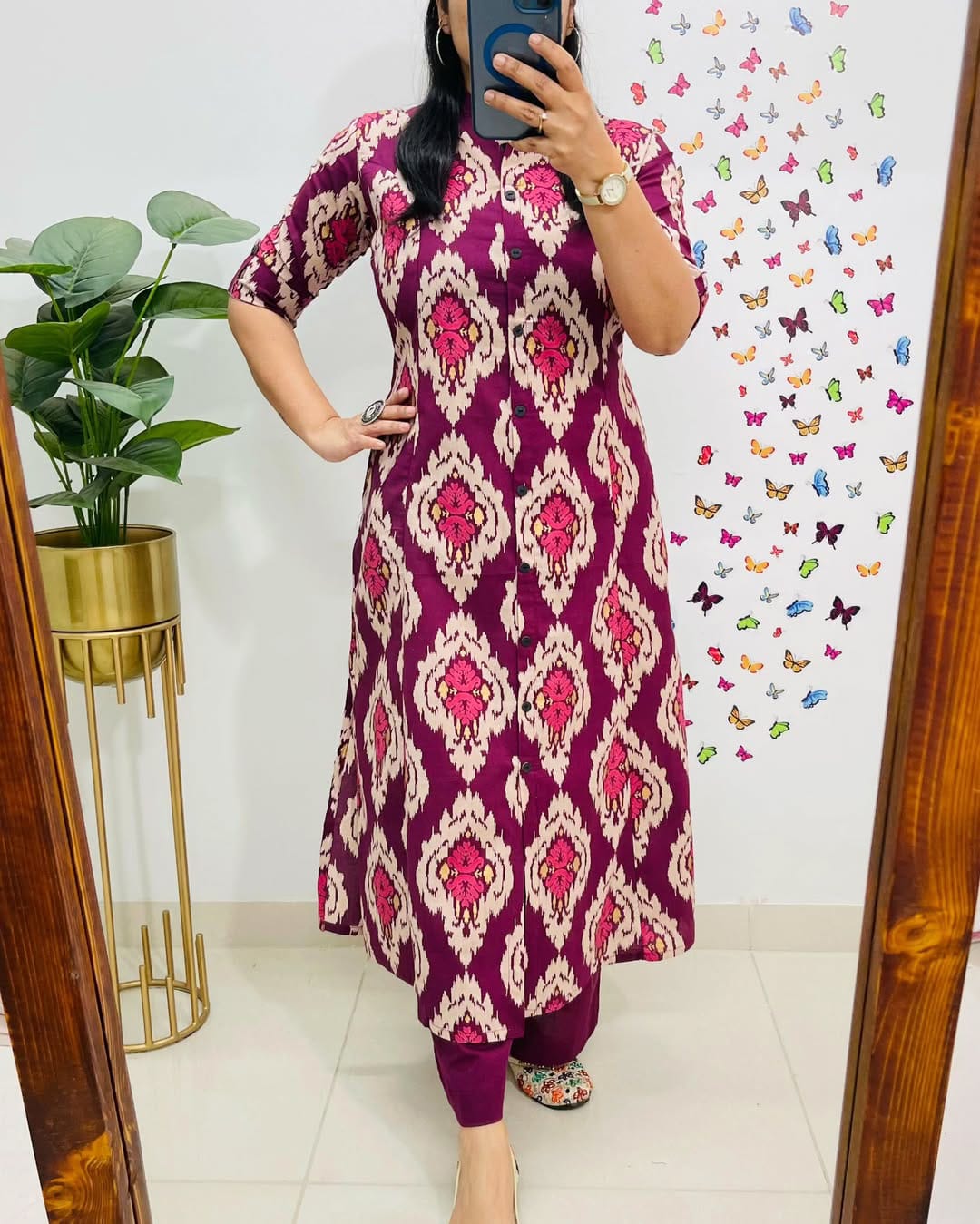 Magenta Ikat-Print Kurta Set