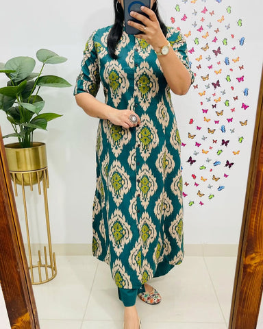 Emerald Green Ikat-Print Kurta Set