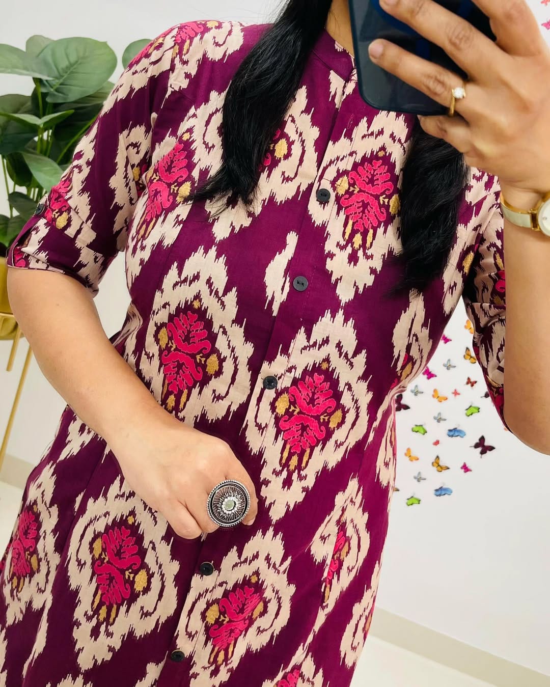 Magenta Ikat-Print Kurta Set
