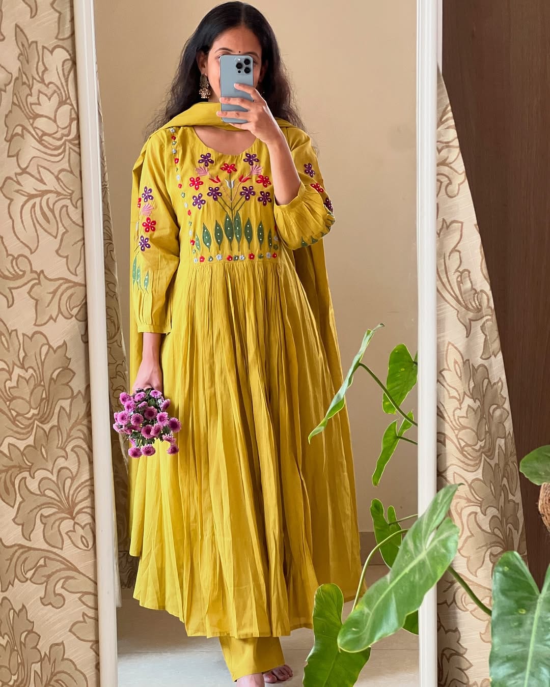 Mustard Anarkali with Floral Embroidery