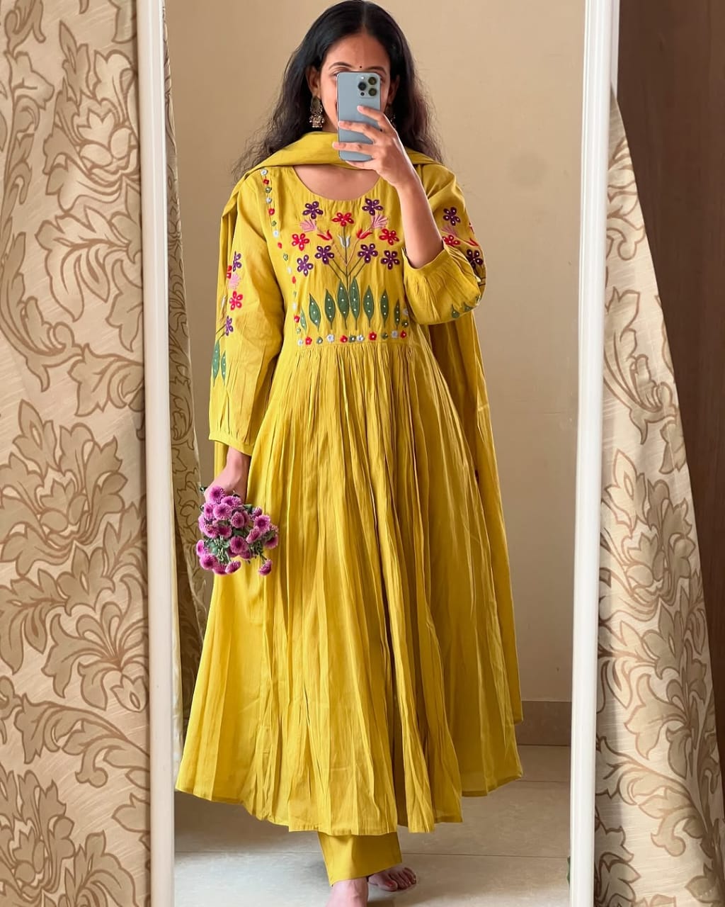 Mustard Anarkali with Floral Embroidery