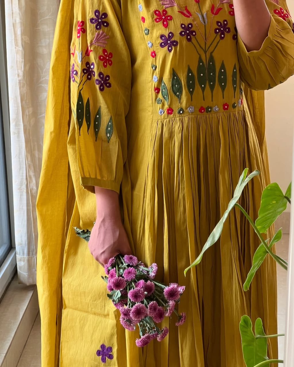 Mustard Anarkali with Floral Embroidery