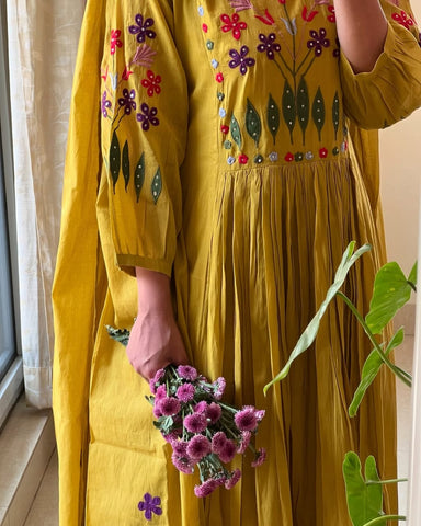 Mustard Anarkali with Floral Embroidery