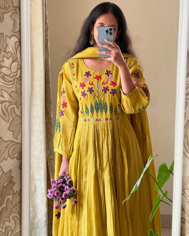 Mustard Anarkali with Floral Embroidery