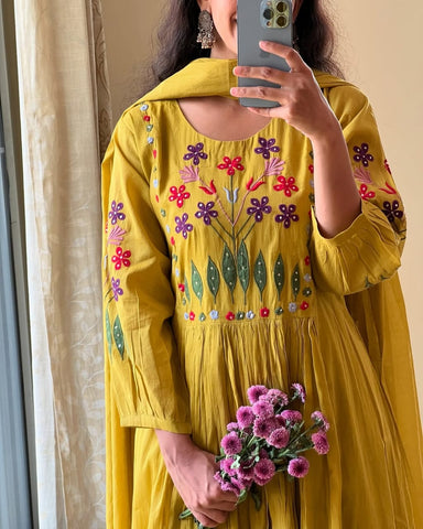Mustard Anarkali with Floral Embroidery