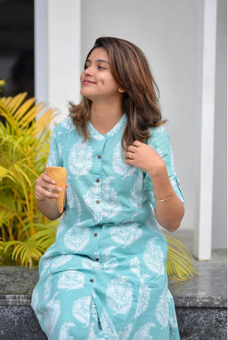 Elegant Aqua Blue Printed Cotton Kurti Set