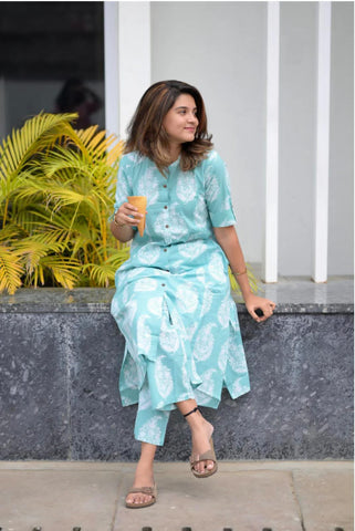 Elegant Aqua Blue Printed Cotton Kurti Set