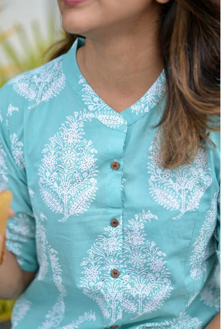 Elegant Aqua Blue Printed Cotton Kurti Set