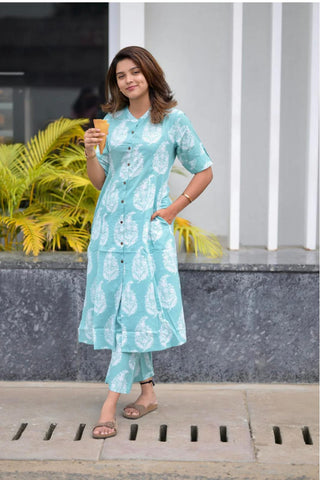Elegant Aqua Blue Printed Cotton Kurti Set