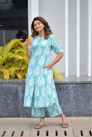 Elegant Aqua Blue Printed Cotton Kurti Set