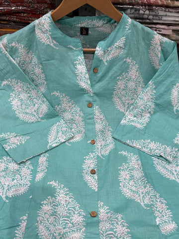Elegant Aqua Blue Printed Cotton Kurti Set