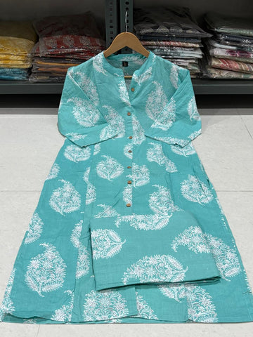 Elegant Aqua Blue Printed Cotton Kurti Set