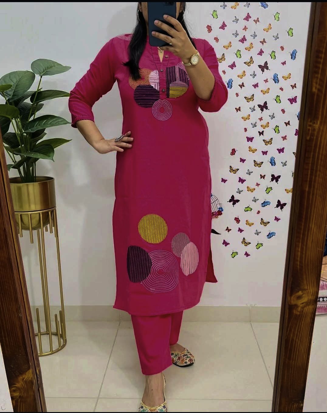 Vibrant Fuchsia Pink Embroidered Cotton Kurta Set