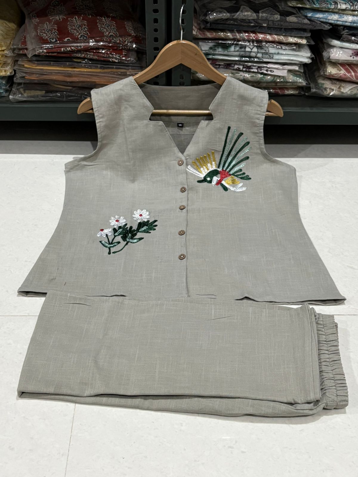Cotton Slub Aari Work Co-Ord Set – Bird & Floral Embroidery