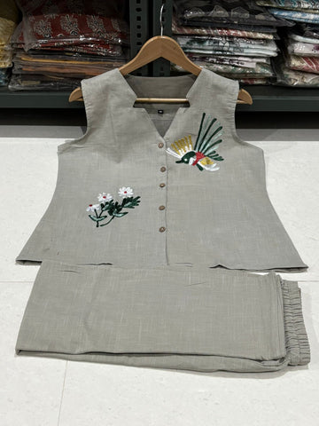 Cotton Slub Aari Work Co-Ord Set – Bird & Floral Embroidery