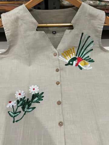 Cotton Slub Aari Work Co-Ord Set – Bird & Floral Embroidery