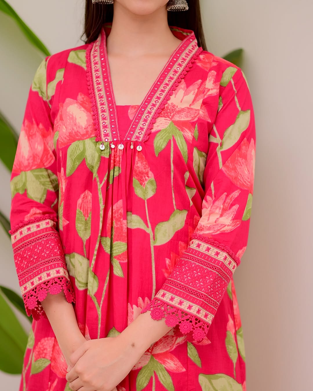 Crimson Pink Floral Cotton Kurta Set with Dupatta