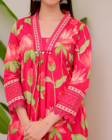 Crimson Pink Floral Cotton Kurta Set with Dupatta