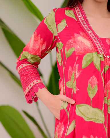 Crimson Pink Floral Cotton Kurta Set with Dupatta