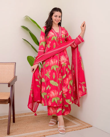 Crimson Pink Floral Cotton Kurta Set with Dupatta