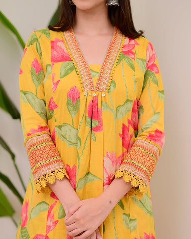 Sunshine Yellow Floral Printed Cotton Suit Set