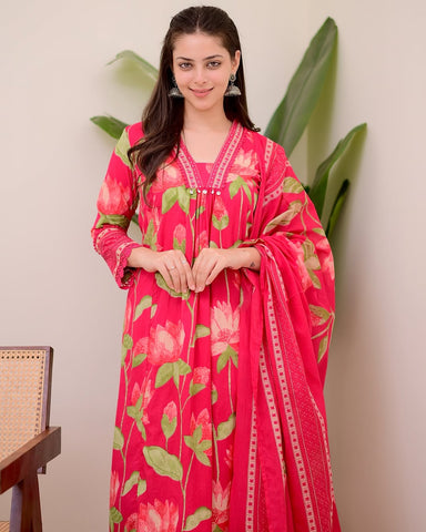 Crimson Pink Floral Cotton Kurta Set with Dupatta