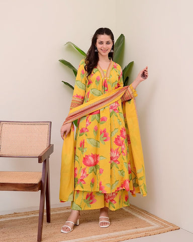 Sunshine Yellow Floral Printed Cotton Suit Set