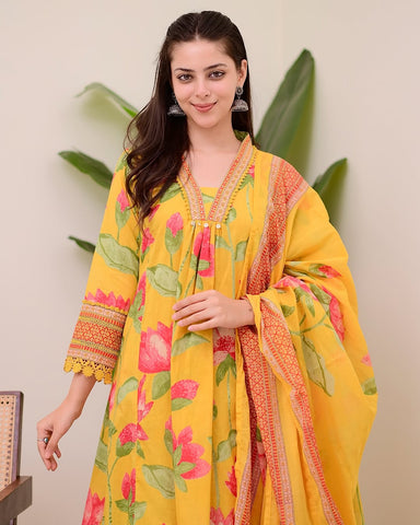Sunshine Yellow Floral Printed Cotton Suit Set