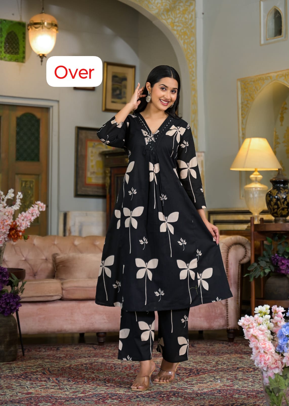 Cotton Printed A-Line Kurti Set with Embroidered V-Neck & Pocket