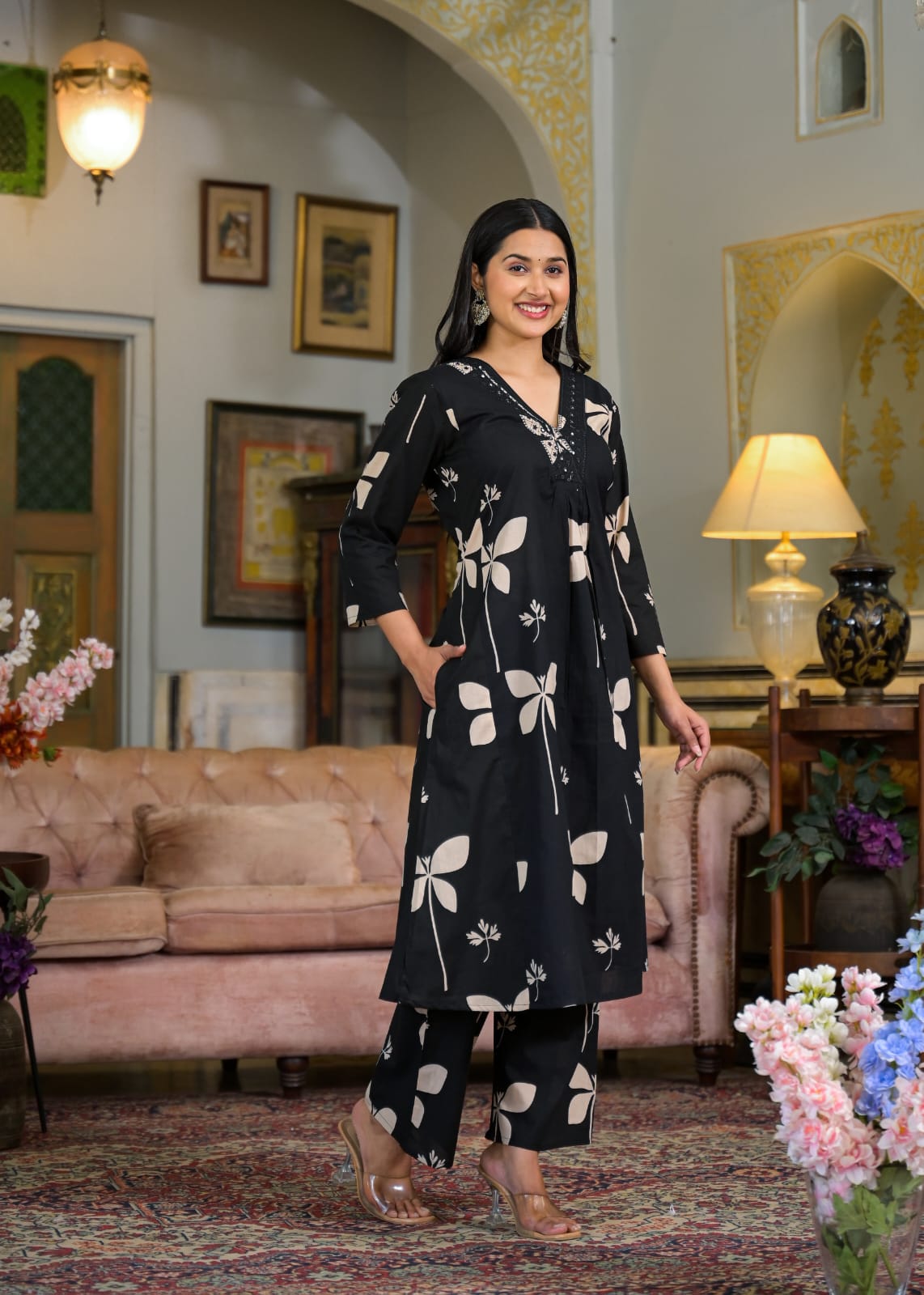 Cotton Printed A-Line Kurti Set with Embroidered V-Neck & Pocket