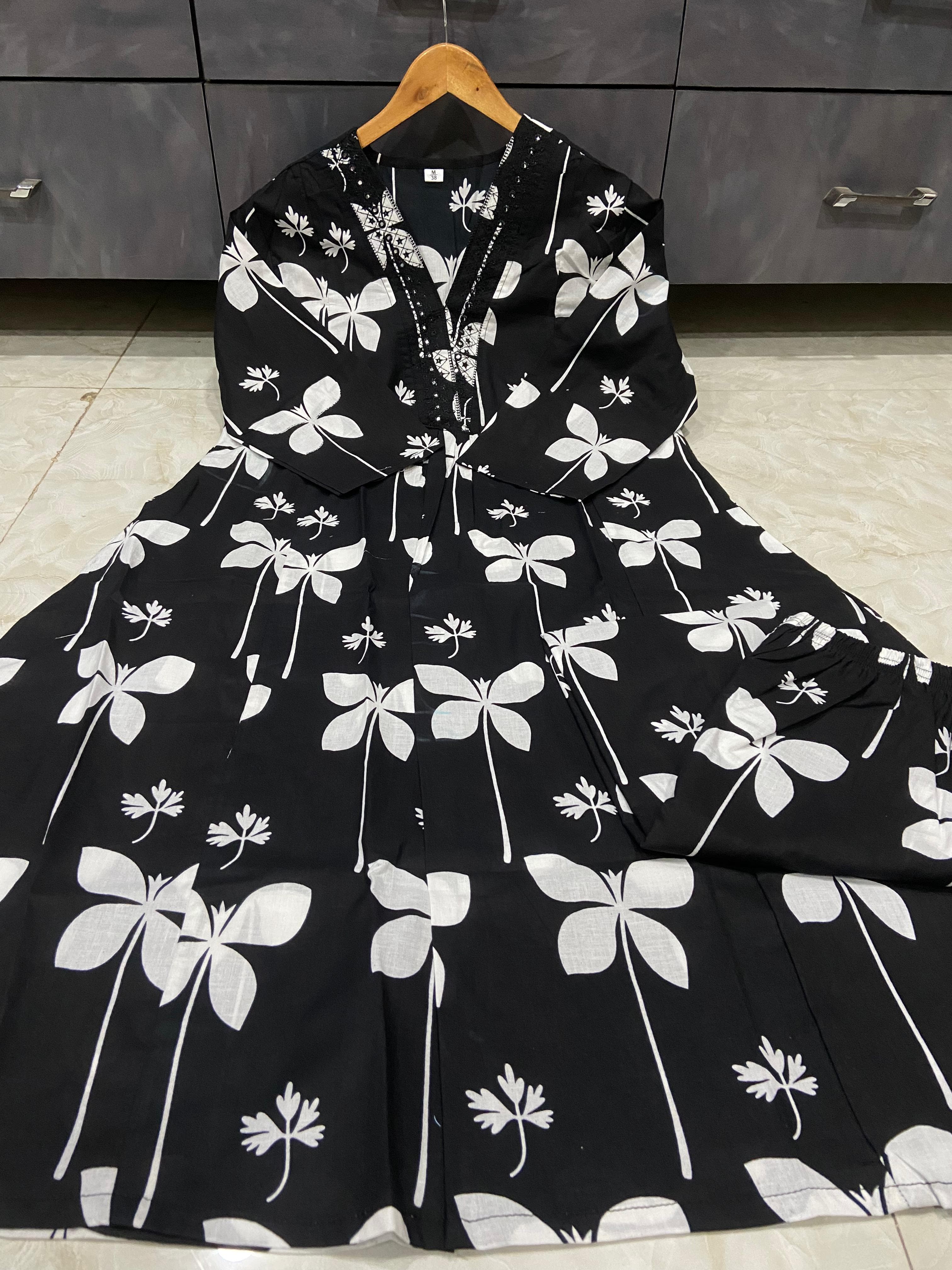 Cotton Printed A-Line Kurti Set with Embroidered V-Neck & Pocket